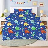 Juego de Funda Nórdica Infantil para Cama 90 cm de 3 Piezas - Funda Nórdica 150x220cm con 1 Fundas de Almohada y Bajera Ajustable, Patrón Dinosaurio de Poliéster Muy Suave y Transpirable(Azul Marino)
