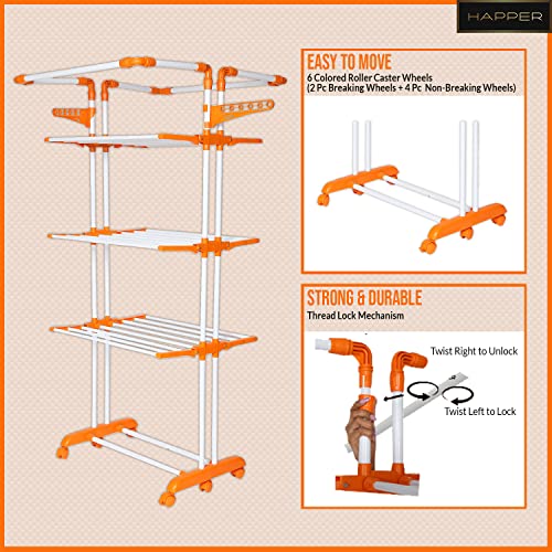 Image of Happer Premium Double Supported 4 Layer Cloth Drying Stand with Thread Lock Mechanism and Breaking Wheels, King Jumbo (Orange) Stainless Steel Plastic