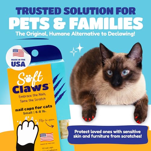 Image of Soft Claws Cat Nail Caps for Small Cats - (40 Caps, Pink and Green) - Made in USA - Veterinarian-Developed | Protects Furniture & Skin - Easy to Apply, Long-Lasting Anti-Scratch Soft Cat Claw Covers
