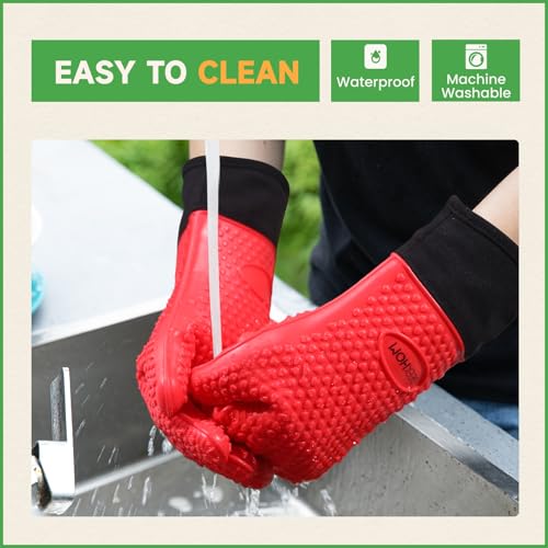 Image of GEEKHOM BBQ Gloves Heat Resistant Oven Mitts - Silicone Grilling Gloves with 13.7 inch Arm Protection - Waterproof Pot Holder Non-Slip for Men & Women, Kitchen Outdoor Cooking, Baking, Camping, Red