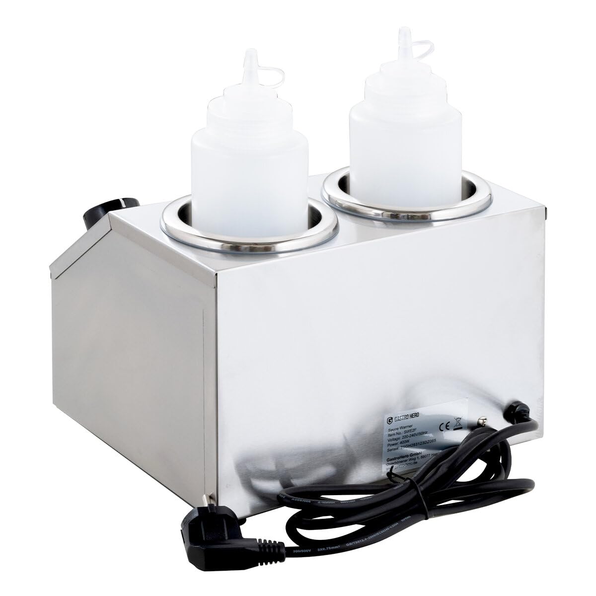 GastroHero Saucenwärmer 2x 1 L, beheizt, Edelstahl SWE2F | Flaschenwärmer für Saucen, Dressing & Toppings, stufenlos von 40 - 90 °C, Profi Tischgerät für Gastronomie & Catering