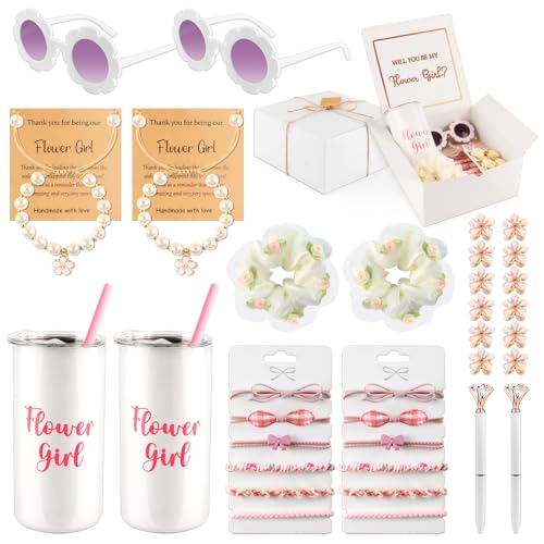 40pcs Flower Girl Proposal Gifts Set of 2 White 12oz Tumbler Sunglasses Pearl Bracelet Diamond Pen Hair Ties Flower Girl Sets for Little