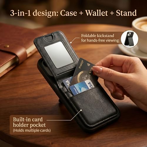 Image of amazon basics Premium Vegan Leather Back Cover with Card Holder and Integrated Mobile Stand for iPhone 15 - Slim Shockproof Wallet Case with Geometric Stitching [Black]