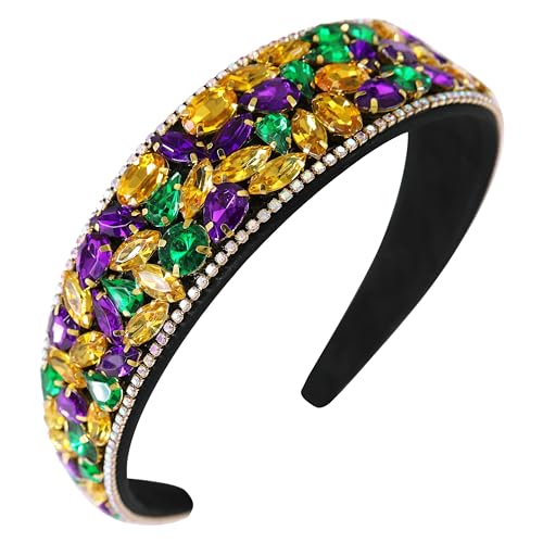 Gmmidea Colorful Rhinestone Headband Mardi Gras Headbands for Women Sparkly Bling Crystal Diamond Headband Padded Wide Vintage Hairband for Girls Holiday Decor Hair Hoop Yellow