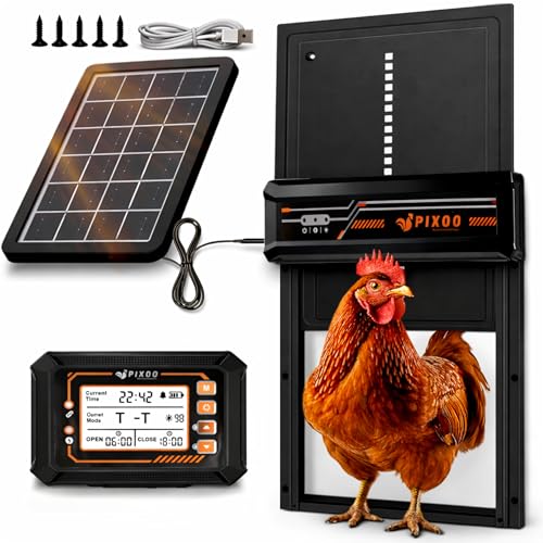 Porte Poulailler Automatique Solaire, Télécommande 140m, 4 Modes Timer/Luminosité, Anti-Pincement, Aluminium IP45, Batterie Rechargeable, 24x28cm