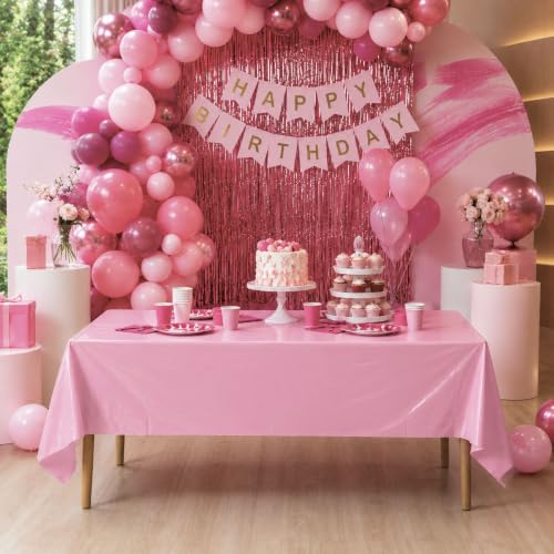 Image of Blue Orchards Soft Pink Plastic Table Cover (Pack of 3 with 20 Glue dots) - 54 inch x 108 inch - Light Pink Disposable Waterproof Tablecloth, Pastel Birthday Party Supplies, Baby or Bridal Shower, Wedding