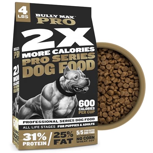 Bully Max Pro 2X High Calorie & High Protein Dry Dog Food for Puppy & Adult Dogs - Healthy Weight Gain & Muscle Building for Small & Large Breeds - Slow-Cooked, 600 Calories/Cup, Chicken Flavor, 4lb.