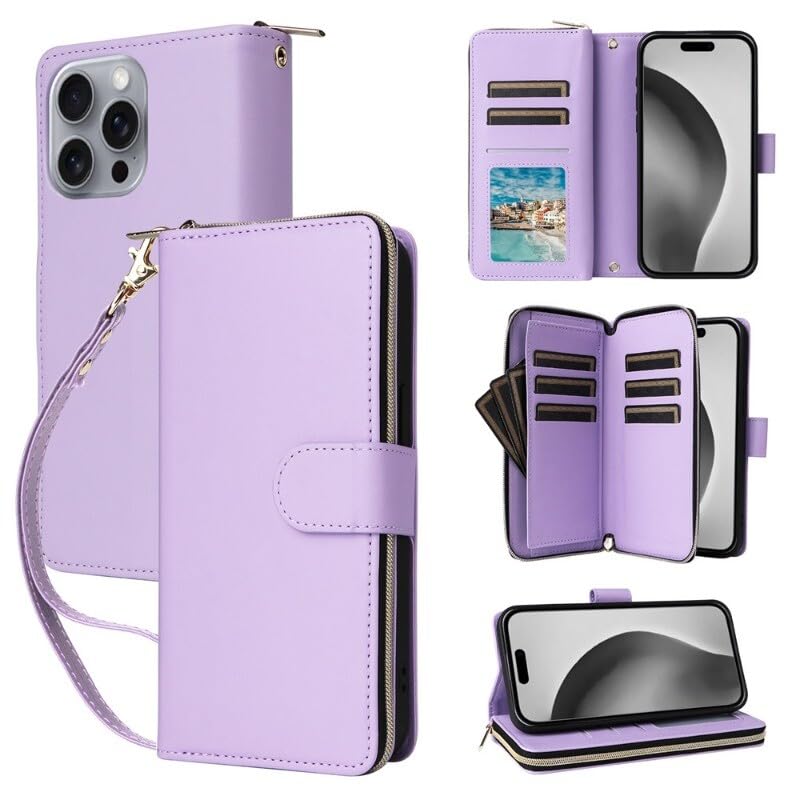 Coque portefeuille iPhone 15 Plus cuir violet rabat support vidéo