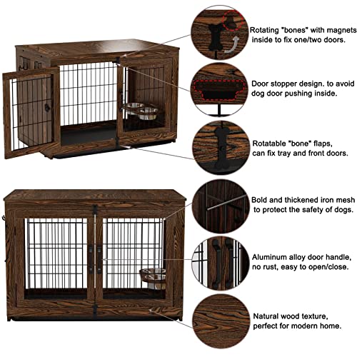 Piskyet Wooden Dog Crate Furniture With 360° Rotatable Removable Dog Bowls, Medium Dog Crate End Table With Tray, Dog Kennels Indoor For Small Dogs - Rustic Style, 38 Inch #TOP5