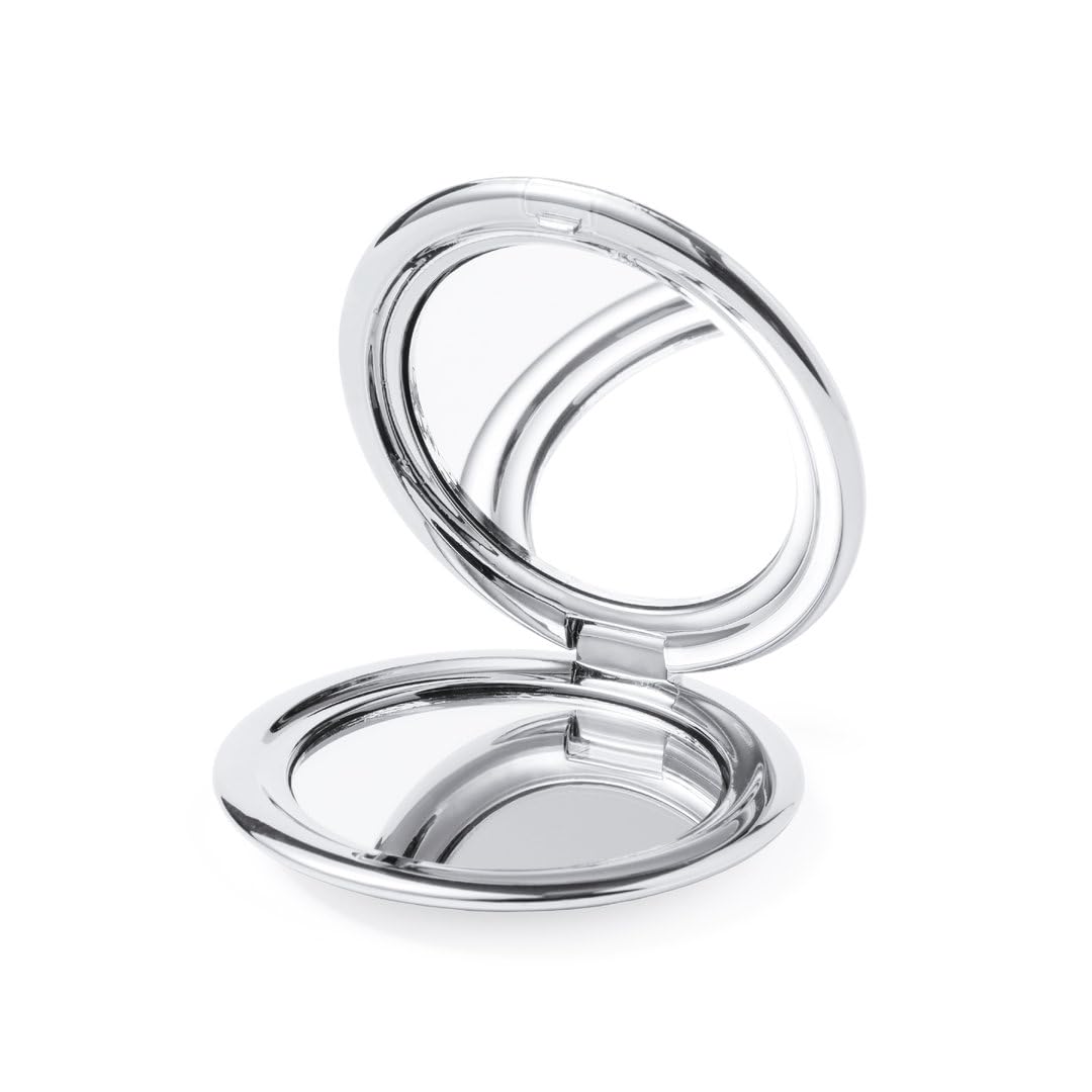 eBuyGB Silver Metallic Compact Makeup Mirror, Small 1X/2X Magnifying Round Double Sided Pocket Mirror, Portable Folding Mirror for Travel, Birthday