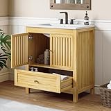 ELEVACHIC 30' Bathroom Vanity with Single Sink, Solid Wooden Free Standing Bathroom Cabinet, Farmhouse Bamboo Storage Cabinet with Large Drawer, Soft-Closing Louvered Doors with Built-in Shelves