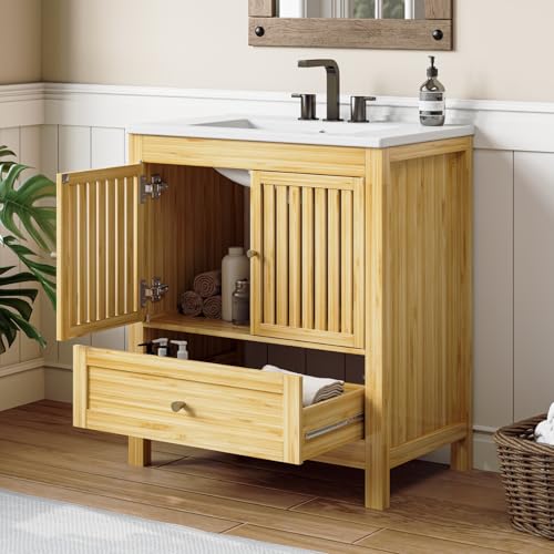 ELEVACHIC 30' Bathroom Vanity with Single Sink, Solid Wooden Free Standing Bathroom Cabinet, Farmhouse Bamboo Storage Cabinet with Large Drawer, Soft-Closing Louvered Doors with Built-in Shelves