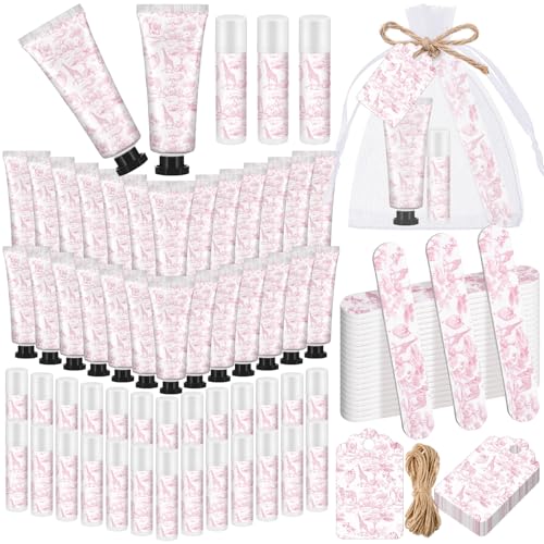Leelosp 24 Sets Pink Toile Baby Shower Favor, Hand Cream Lip Balm Nail File