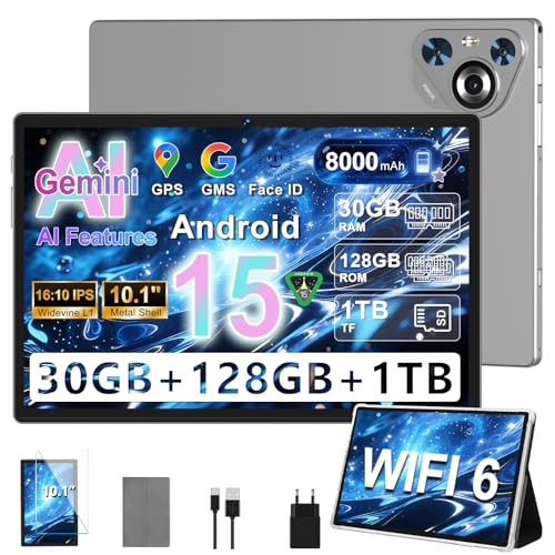 Dghrti Tablet 30GB RAM 128GB ROM(TF 2TB Expandible), 10 Pulgadas 8000mAh/ WiFi 5G/ BT5.0/ OTG/GPS, Cámara 5+8 MP, Certificación GMS, Widevine L1, Tableta de Cuerpo Metálico con Funda Protectora  Gris
