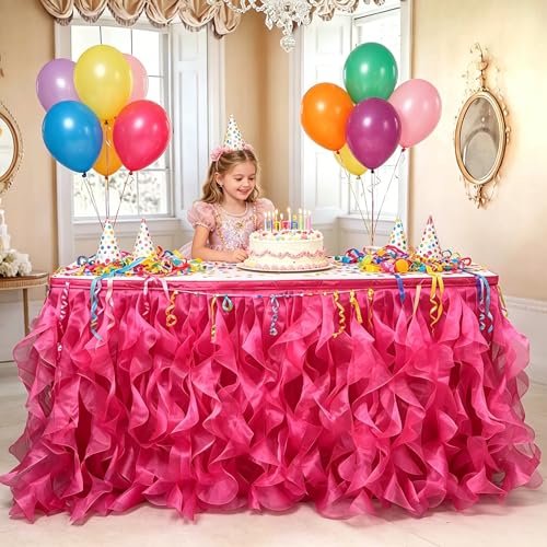 Image of Luxury Organza Mesh Table Skirt Draping Floating Romance - Perfect for Bridal Showers, Birthday Weddings - Clear Flowing Decoration for a Wonderful Main Cake Table (Hot Pink-6ft, 72 inchLx30 inchH)