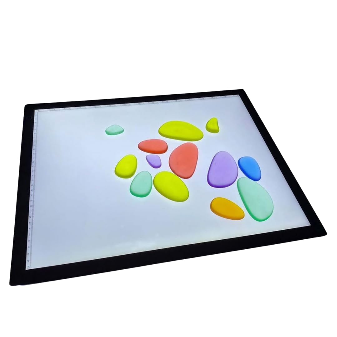Light Up Board Panel and 30 x Coloured Acrylic Pebbles, Large Light Table with 3 Light Settings, Measuring Guide - 47 x 37cm