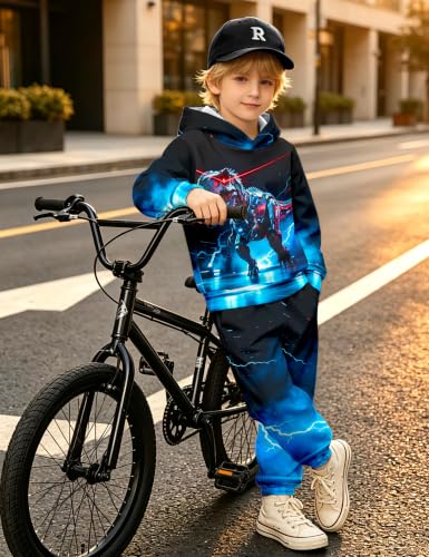 Image of Boys Clothes, T-Rex Print Dinosaur Boy Clothes Fall Winter Outfits Long-sleeved Hooded Sweatshirt Pants 2Pcs Set