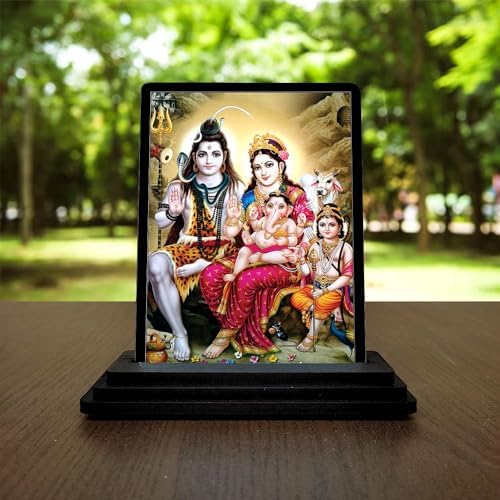 Shiv Parivar Murti for Home Puja Wooden Decor | Mahadev Design with Stand | Size 7.5X10 cm | Home Mandir & Office Desk Spiritual Gift