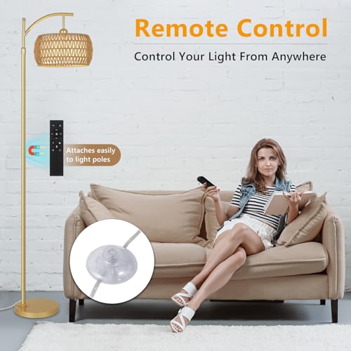 Image of eyassi Arc Floor Lamp with 3 Color Temperatures, LED Gold Floor Lamp with Remote & Stepless Dimmable Bulb, Boho Standing Lamp with Rattan & Fabric Shades, Farmhouse Tall Lamp for Living Room Bedroom