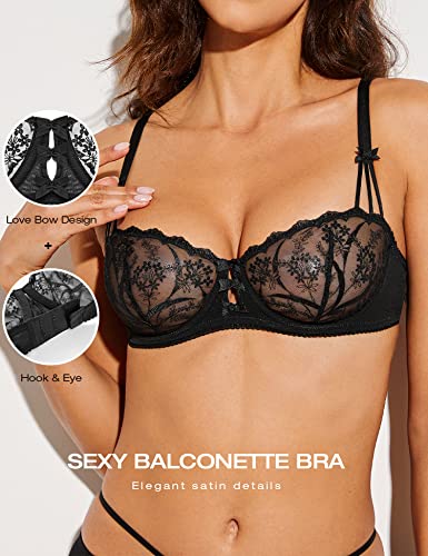 Deyllo Women’s Embroidered Lace Unlined Bra Demi Sheer See Through Underwire Bras Non Padded, Black 40D #TOP1