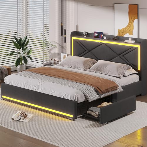 Full Bed Frame with RGB LED Lights Headboard & USB-C/A Charging Station, Modern Upholstered Platform Bed with Storage Drawers, Heavy Duty Steel Slats, No Box Spring Needed, Dark Gray