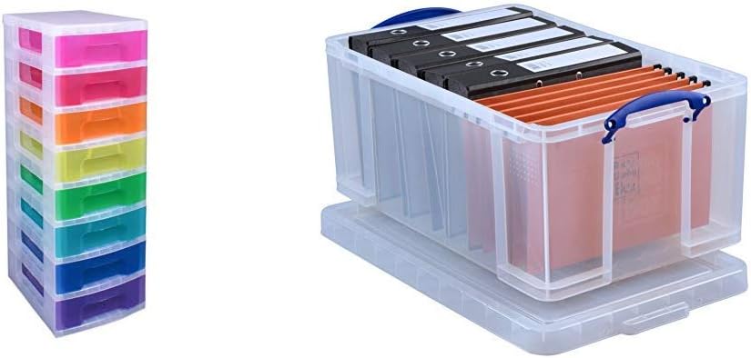 Really Useful Drawer Tower 8x7 Litre Clear/Rainbow & Useful Box 64 Litre Storage Box, Clear