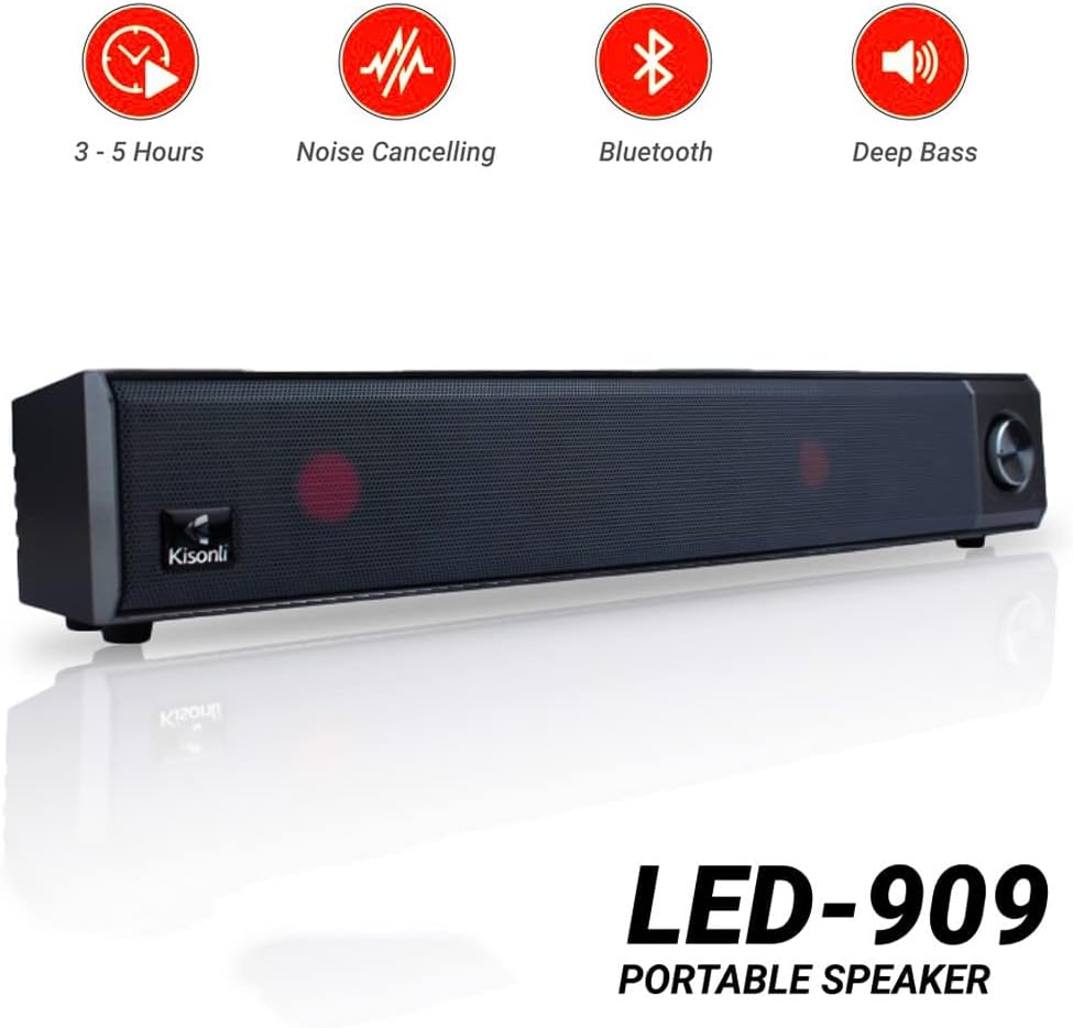 Kisonli LED-909 portable speaker highlighting features: 3-5 hours battery, noise cancelling, Bluetooth, and deep bass.