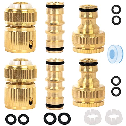Kazaigou 6 Pack Brass Garden Hose Connector, Garden Hose Tap Connector Pipe Fittings Kit, 2 Double Male Connector