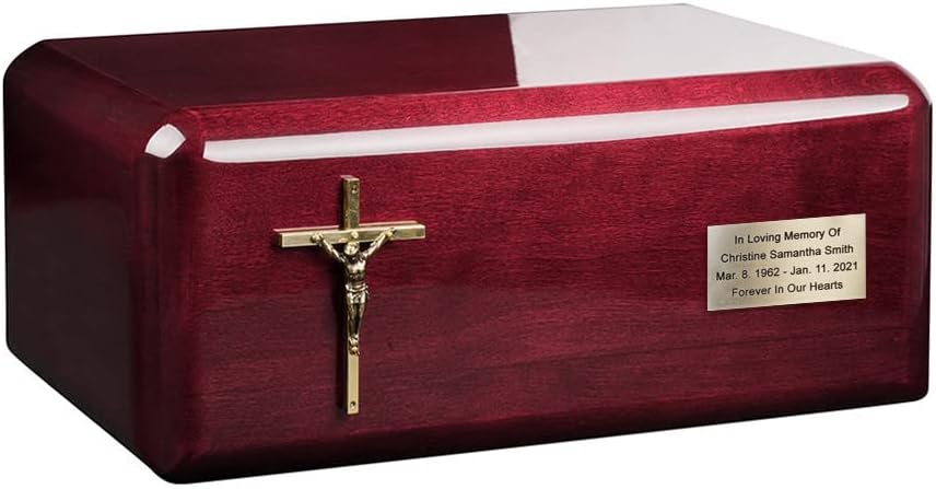 Stunning and very special wooden Cremation Funeral urn for ashes Pet Urn WU52 (Mahogany/Cross/Memorial Plaque)