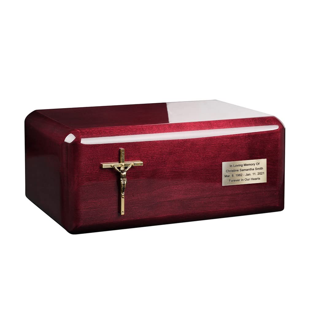 Adult Cremation Urn for Ashes Unique Memorial Funeral urn for Human Ashes Cremation Casket URN WU52M (Mahogany/Cross/Memorial Plaque)