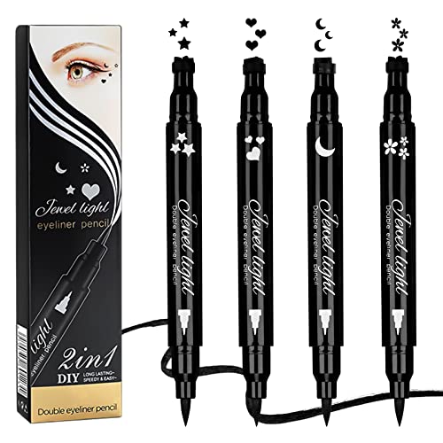 Sello de ojos de 4 piezas 2 en 1 impermeable para delinear líquido y bolígrafo de larga duración en forma de alla, sello de maquillaje con doble cabeza estrella y flor corazón para decoración Cover