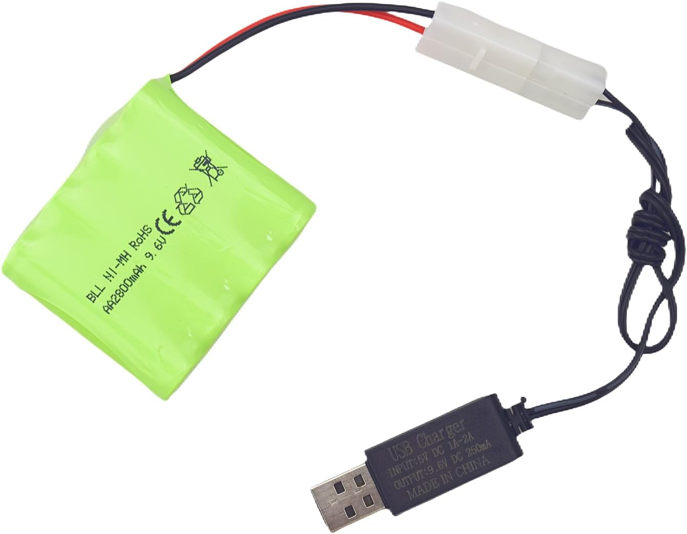 2PCS AA 9.6V 2800mAh Ni-MH High Capacity Battery with Tamiya Plug and 2PCS USB Charging Cable for Toy Tank Engineering, Flat Semi-Trailer Truck, RC Car Spare Batteries Pack