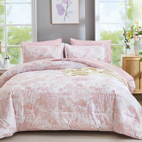 Image of DJY Queen Size Comforter Sets, Pink Botanical Comforters with Sheets 7 Pieces Bed in a Bag Queen Elegant Plants Print Christmas Soft Microfiber Reversible Complete Bedding Sets for All Season