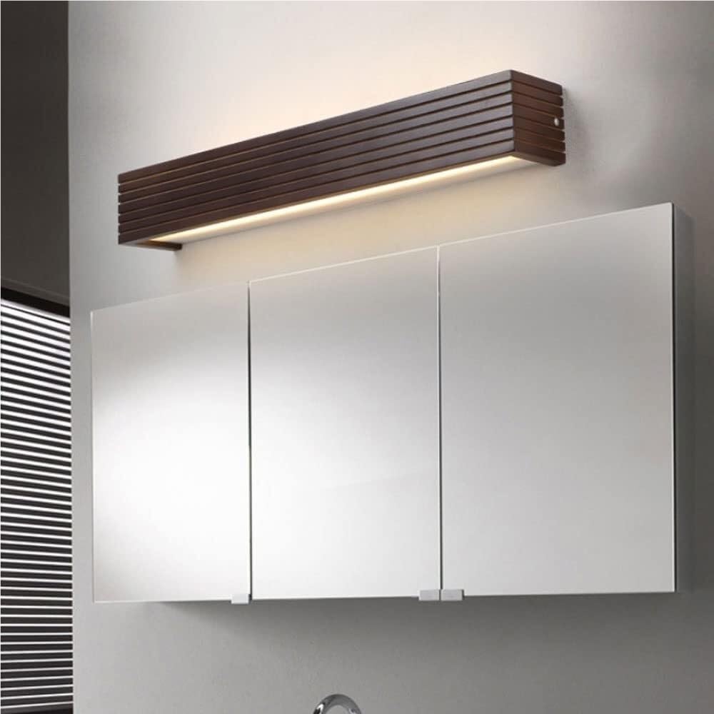 Drewniana lampa ścienna LED z wbudowanym lustrem, nowoczesny styl, długa i minimalistyczna, idealna do makijażu, sypialni lub przedpokoju (ciepłe światło, 55 cm).