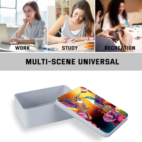 Image of Metal Tin Box with Lid for Game Cards Home Organizer Candles Keys Crafts Storage - Equipped with 4 Magnetic Cord Clips,Hummingbirds and flowers