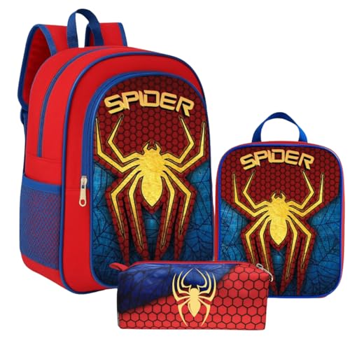 Kit Mochila Infantil Aranha Masculina escolar Passeio + Lancheira Termica e Estojo