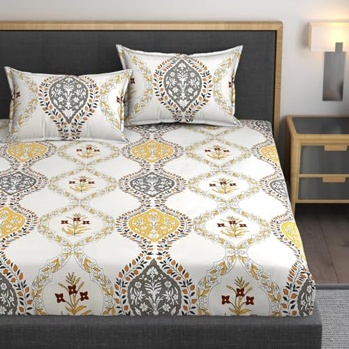 Image of 380 TC Premium Glace Cotton Elastic Fitted Bedsheet King Size with 2 Pillow Covers King Size | Double Bed with All Around Elastic (Boss, Fitted - 72 inchx78 inch King)