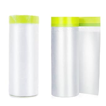 Pre-Taped Masking Film 2 Rolls 59" x 66 Automotive Painters Tape and Plastic Painting Film for Covering Cars Walls Windows and Floor Furniture Protection