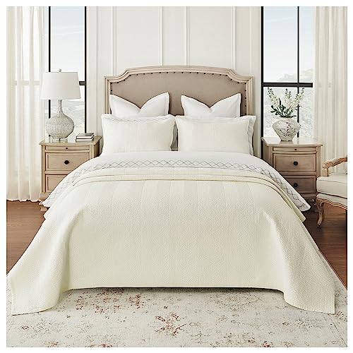 Calla Angel Evelyn Stitch Chevron Luxury Pure Cotton Quilt,Ivory, Chevron, 3 Pieces King Quilt Set