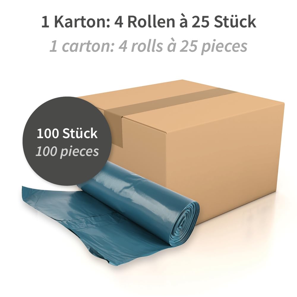 100 Stück, Müllsäcke, FRANZ MENSCH, 120 l, blau, LDPE, Premium, Rolle | 80my, 110 x 70 cm, Müllbeutel, Mülltüten, Abfallsack, Premium Tüte, trash bags, Mülltonnen, Gewerbe, Reinigung