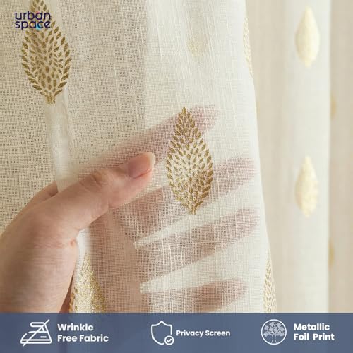 Image of Urban Space Gold Foil Sheer with Texture, Curtains for Window, 35-40% Room Darkning, Set of 2 Decorative Curtains with Tieback and Eyelets (Vanya Buttercream, Window- 5 Feet)