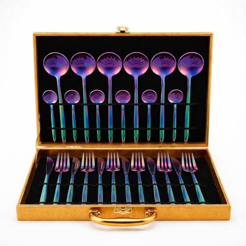 Image of 24-Piece Cutlery Set with Storage Box | SUS410 Stainless Steel Dinner Set | Luxury Gift Set with Carry Case | Premium Spoon Fork Knife Set for Dining & Festive Gifting - Rainbow