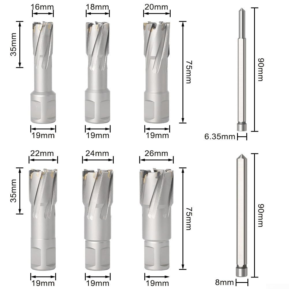 Juego de 6 brocas anulares TCT para taladros magnéticos, brocas de núcleo hueco de 16 mm a 26 mm para hierro y acero inoxidable, acabado plateado