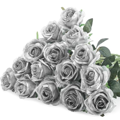Hotop 20 Pcs Artificial Rose Flowers with Long Stem Real Lifelike Silk Realistic Plastic Bouquet Roses Bulk for Home Decor Bridal Wedding Party Table Centerpieces Decorations(Silver)