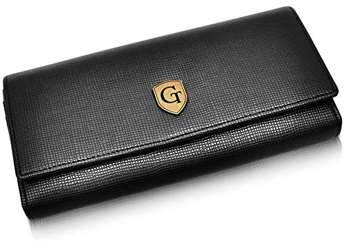 GenTo® London Damen Geldbörse - Großes Frauen Portemonnaie mit RFID Schutz - XL Geldbörse mit vielen Fächern - Geschenk für Damen - | Design Germany (Schwarz - Saffiano)