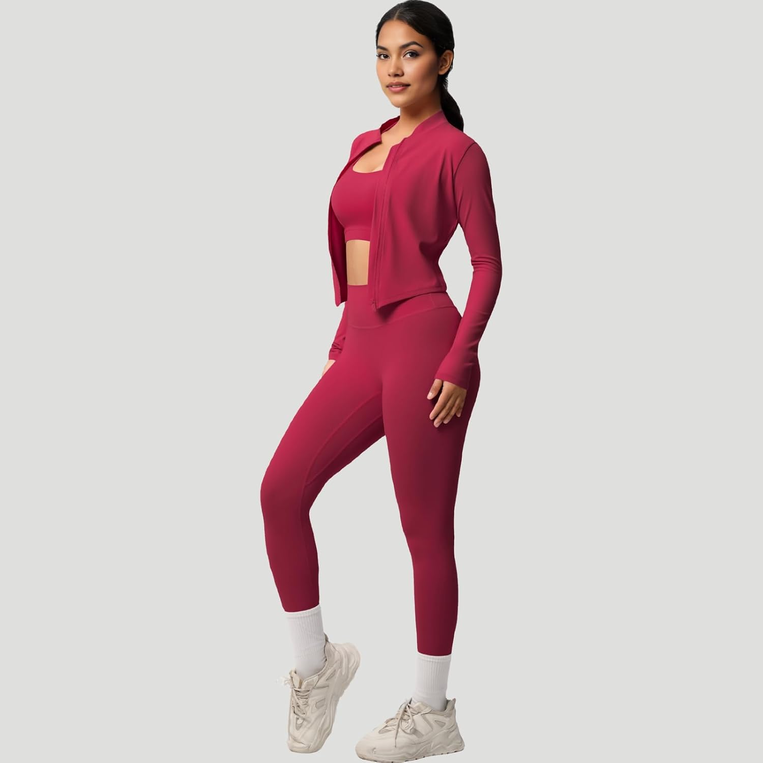 3 Piece Women’s Workout Set – Zip-Up Jacket, Sports Bra & High-Waist Leggings – Stretchy Breathable Yoga Outfit - Image 2