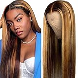 4/27 Highlight Wig Brazilian Straight Human Hair Wigs Ombre Brown Honey Blonde 13X6x1 Lace Front Wig...