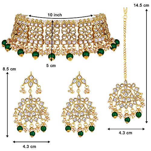 Image of Aheli Elegant Indian Faux Kundan Studded Choker Necklace with Maang Tikka Set Ethnic Wedding Wear Bharatanatyam jewellery set Gift for Women