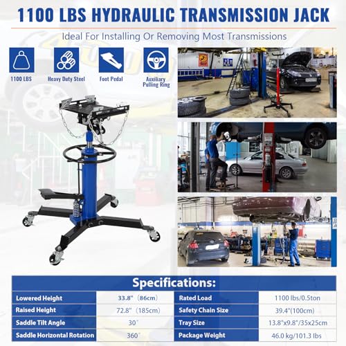 Image of Heavy-Duty Hydraulic Transmission Jack 1100 Lbs with 2-Stage Adjustable Telescoping Lift, Foot Pedal Control, and 360 Swivel Wheels for Garage and Workshop Use