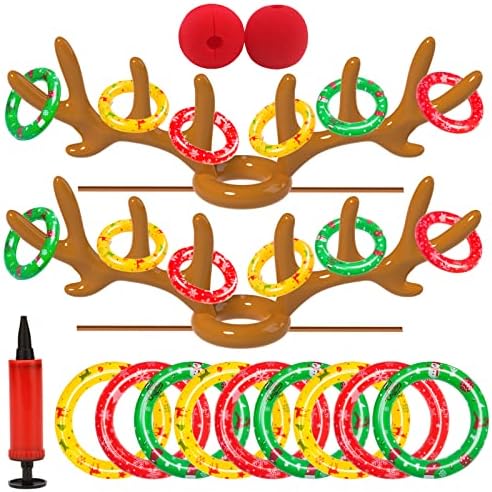eboozone Inflatable Reindeer Antler Toss Game 2 Sets, Christmas Game, 2 Antlers 16 Rings with Pump